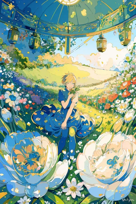 (masterpiece:1.2), best quality,PIXIV,fairy tale style,1 man with short blond hair sitting in a field of green plants and flowers, warm lighting, blurry foreground, happy

