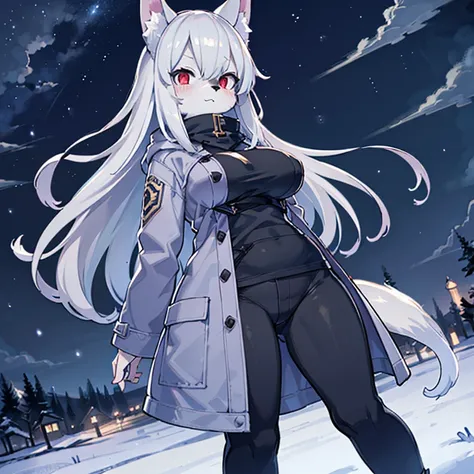 (masterpiece, highest quality), intricate details, 8K, Wolf, whole body, 1 girl, red eyes, big breasts, slender body shape, night, gray fur, long hair, anime, tall, silver hair, Indigo coat, black pants, snowfield, 10th generation, the wind is blowing, Mof...