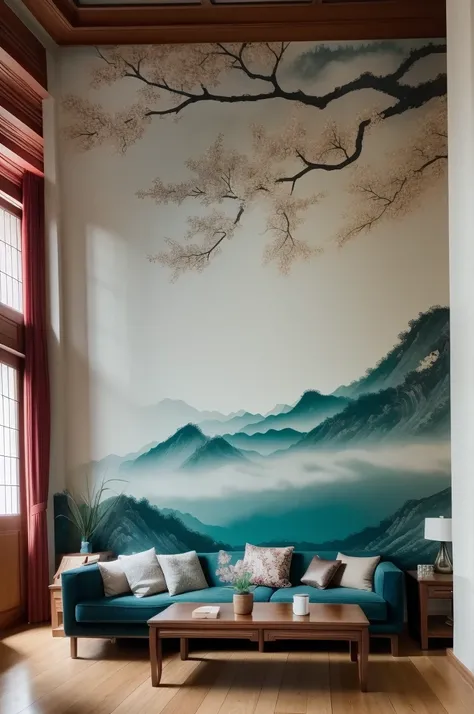 There is a mural behind the sofa in the Chinese living room，water ink，scenecy
