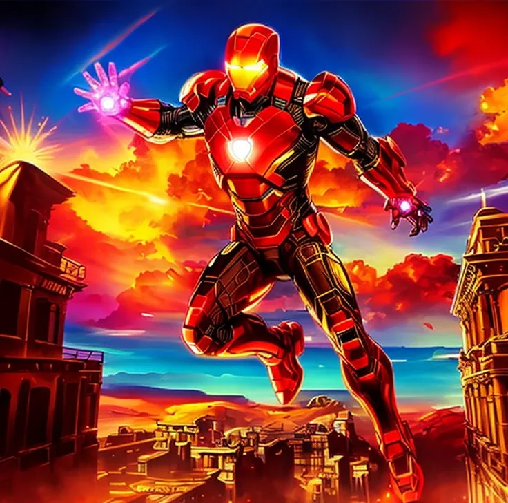 Avengers war machine flying over a city with a sun in the background, superior Hombre de Acero, Hombre de Acero, hombre de Acero, wonder superhero, like hombre de Acero, mkbhd as Hombre de Acero, portrait of Hombre de Acero, steampunk Hombre de Acero, Marv...