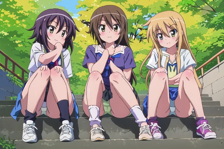 highest quality, ultra high resolution, (realistic: )2d official style cel animation,((like hayate！three girls sitting side by s...