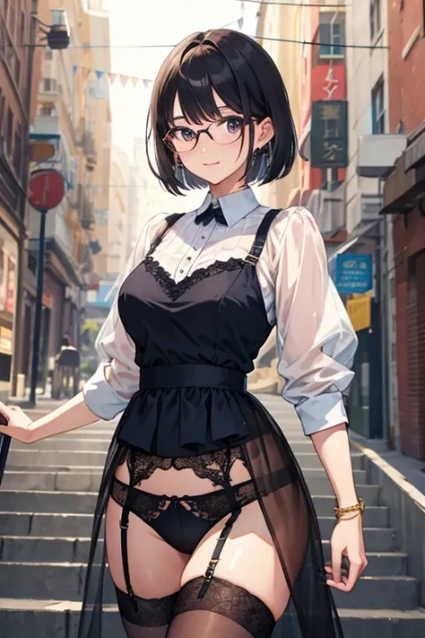 Garter belt emphasis、beautiful mature woman、short hair、29yo、Glasses、