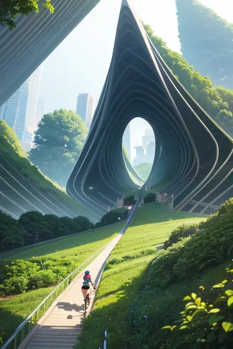 a girl rides a bicycle, in running shorts, a digital painting of a tree in the middle of a city, inspired by Zaha Hadid, futurism, elegant walkways between towers, futuristic valley, two organic looking towers, calatrava
