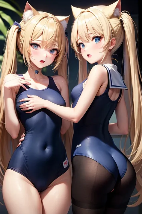 ((最high quality)), ((masterpiece)), (get used to it), perfect face　20th generation women　3 girls　the cutest girl　４K　High precision　high quality　blonde twintails　navy blue school swimsuit　　sailor collar　Cat ear　white knee socks　Blowjob　lots of drool　cock　My...