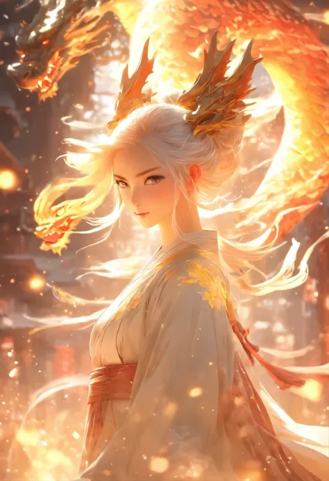 dynamic lighting, art station, poster, Volumetric lighting, Very detailed faces, 4k wallpaper, The award-winning, 1 girl with white hair, long flowing hair, ponytail, Fringed Hair Ornament, dynamic perspective, white hanfu, White gauze flying,  Sexy, Chine...