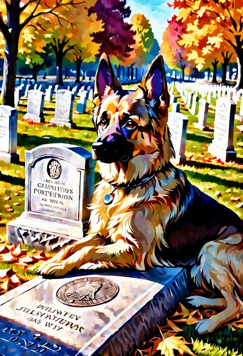 a "Pulitzer Prize for Feature Photography award winning photograph" of a "German Shepard dog" with a sad, plaintive, solemn expression lying beside a tombstone in Arlington cemetery on a clear, sunny fall day. tearjerker, heartwarming. cinematic poster art...