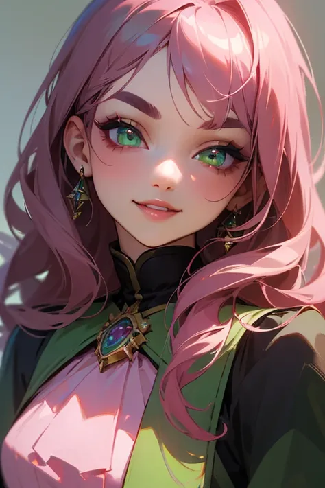 (highest quality, masterpiece:1.2), High resolution, Super detailed, realistic:1.37, fantasy, An illustration, green eyes、Pink Blouse、Platinum decoration、beautifully、Eyeshadow Red、dark eyebrows、long eyelashes、Pupils are black、Hair is light green、toothy smi...