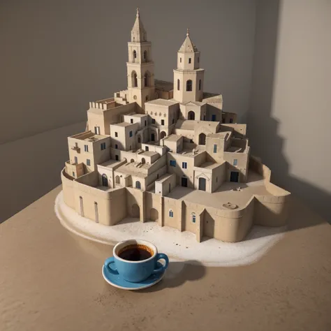 There is a blue coffee cup. sassi_di_matera emerging from beige cappuccino foam. High detailed city of Matera, (There is a blue coffee cup. sassi_di_matera emerging from beige cappuccino foam. High detailed city of Matera), atmospheric oliva lighting, on t...