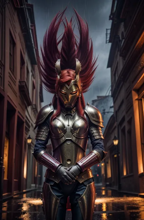 red hair，man， purple armor, light bearer karoriors, medieval city, dark, fighting, epic, karo, surrealism, 8k, super details, ka...