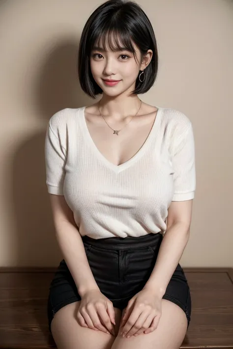 highest quality,8K, Detailed facial depiction, Detailed description of the eyes, black hair(short bob),beautiful japanese girl, 21 years old, Playing sports, Because I&#39;m slender, smaller breast size，sit with legs closed, smile, Colorful earrings, neckl...