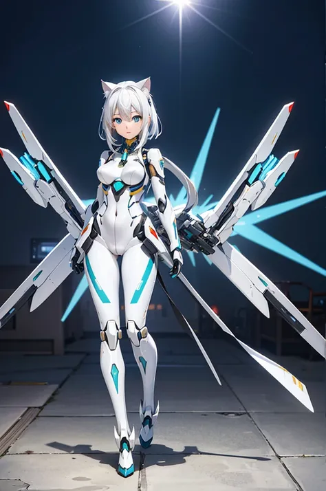 (((full body photo))), (masterpiece), best quality, high resolution, highly detailed, detailed background, perfect lighting, lens flare, mecha, 1girl medium hair white hair, cat ears, aqua eyes, mecha musume, mecha, mecha clothing, mecha armor, tight bodys...