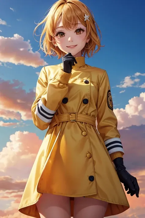 ((masterpiece,highest quality)),1 girl,alone, (((Chisato Nishikigi))), short hair, bright yellow hair, alone, dress, eye for detail, looking at the viewer, long sleeve, Are standing, white dress, gloves,hair ornaments, black jacket, smile, floating hair, d...