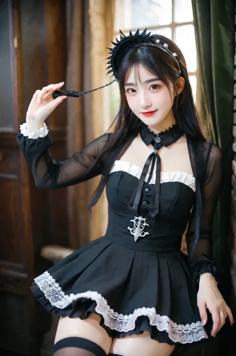 Super high quality, super high definition, super detailed, masterpiece, 25 years old, female, cute, nice body, gothic lolita clothes, gothic lolita fashion, frilly skirt, headdress, necklace, bracelet, knee-high socks, boots, double eyelids, tear bags, Det...