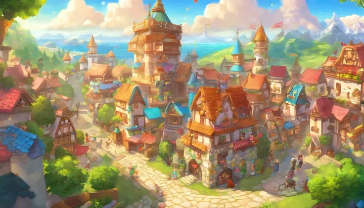 Image of an ancient medieval style city Full of various colors There are many people living happily. There were adventurers walking around with swords and shields. The images are highly detailed. The graphics and people are in the style of the online game ...