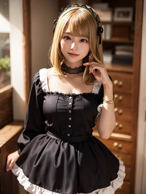 Super high quality, super high definition, super detailed, masterpiece, 25 years old, female, cute, nice body, gothic lolita clothes, gothic lolita fashion, frilly skirt, headdress, necklace, bracelet, knee-high socks, boots, double eyelids, tear bags, Det...