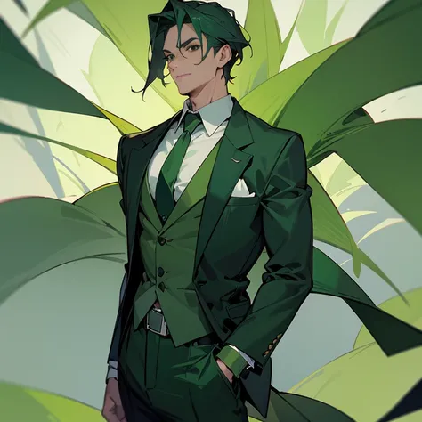 male,30s,green clothes,Green tie,Green pants,green shirt,Green suit,Green belt,An illustration,Very beautiful,Standing picture,