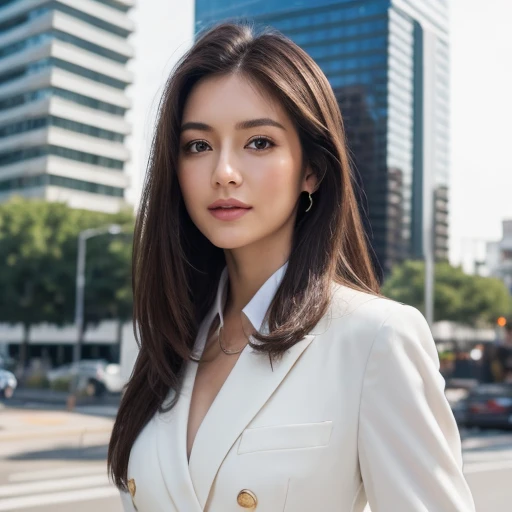 ((top quality, 8k, masterpiece: 1.3)), 1 girl, smile, full body, slim face, pretty woman, (dark brown hair), white blouse, office lady suit: 1.1, pantsuit, not skirt, ultra detailed face, detailed eyes, double eyelids, blurred background, slim face, buildi...