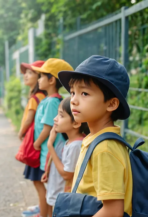 Close-up focus on high-definition video after class.Cute kindergarten children waiting for their mother to pick them up.Carrying a schoolbag and wearing a hat, squatting against the wall.Holding his chin in boredom.The background is the bokeh effect of the...