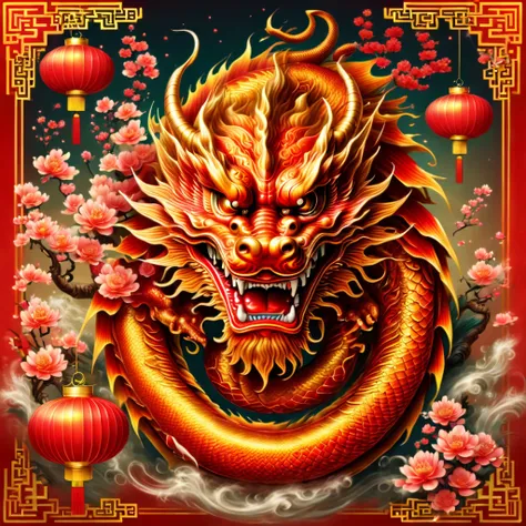 imagine a Chinese dragon celebrating the Chinese New Year in a vibrant, festive atmosphere. The dragon is majestic and powerful, with a long, curling body and a fierce expression. The background is filled with traditional Chinese decorations and symbols, s...