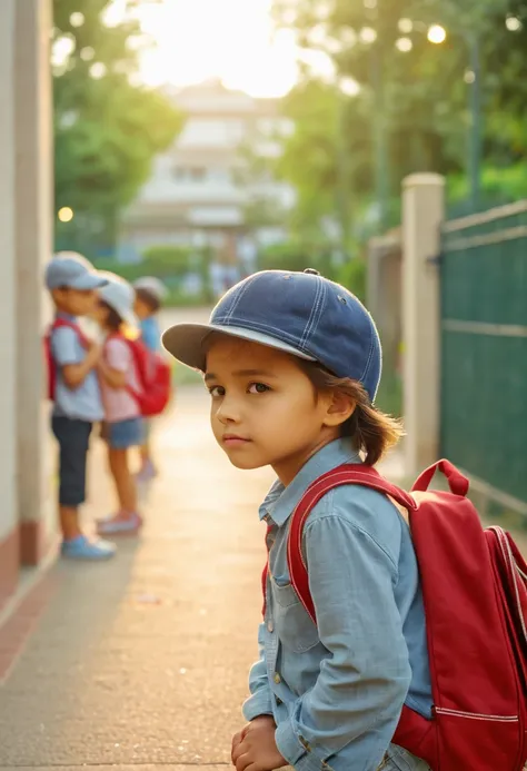 After class close-up focus HD video.Cute kindergarten children waiting for their mother to pick them up.Carrying a schoolbag，With a hat on, Squatting against the wall.Holding his chin in boredom.The background is the bokeh effect of the school gate. nice i...