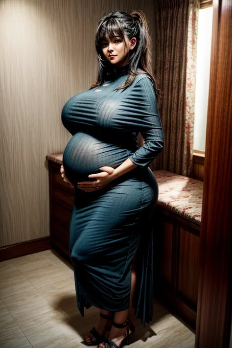 A pregnant woman wearing a loose thick dress, pregnant, giga_busty