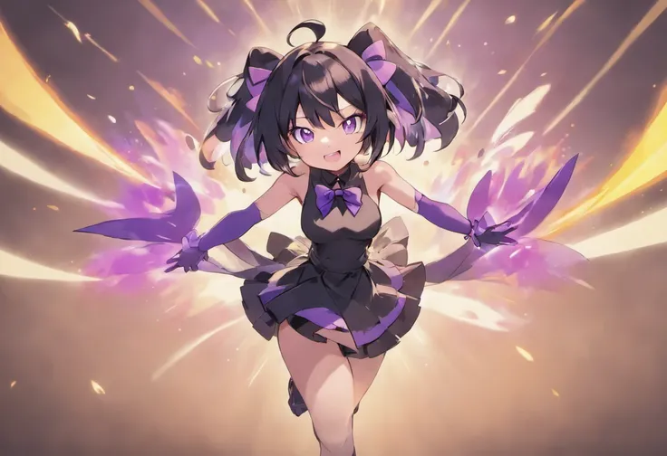 1 girl, skirt, alone, Gloves, Akemi Homura, long hair, elbow Gloves, Evil Kuma Flame, black Gloves, looking at the audience, Smile, purple eyes, Bangs, black skirt, bow, black hair, bare shoulders, wing, hair bow, ribbon, purple hair，Portrait photo，