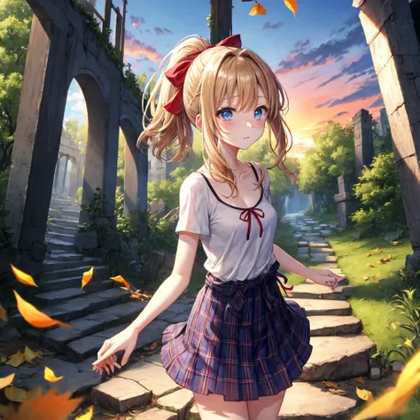 reddish-brown blonde、blue hair、blue eyes、ponytail、one good looking girl、solo、anime、Plaid miniskirt、camisole、black t-shirt、Clothes are torn、Tilting your face、Doing the ribbon、Ribbon at waist、sunset sky、broken stone steps、ruins、tunnel、Fallen leaves、Light and...