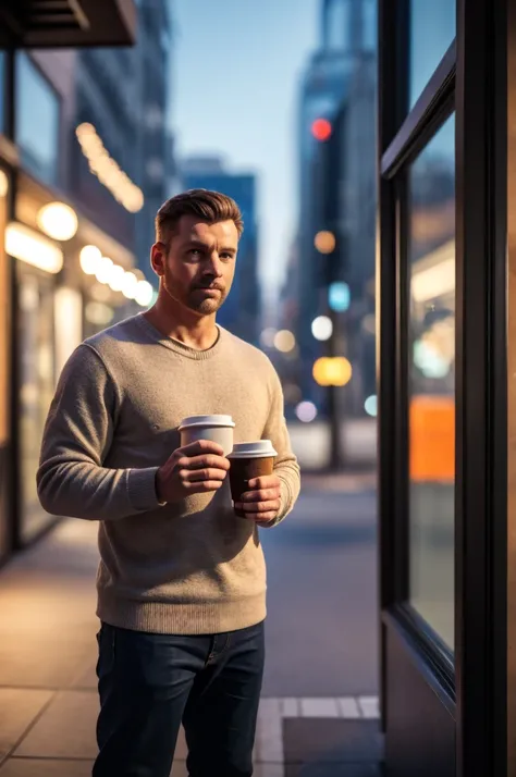 man standing on sidewalk.Standing against the glass showcase.holding a cup of coffee in hand,Looking into the distance.seems to be waiting...Background street.bokeh effect.. .(best quality,4K,8k,high resolution,masterpiece:1.2),super detailed,(actual,photo...