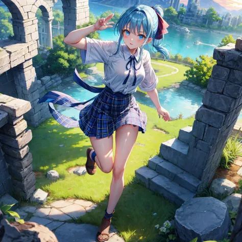 blue hair、blue eyes、Braid、ponytail、one good looking girl、solo、anime、Plaid miniskirt、camisole、black t-shirt、Tilting your face、Doing the ribbon、Ribbon at waist、sunset sky、broken stone steps、ruins、tunnel、Fallen leaves、Light and shadow、Raising legs、column、spar...