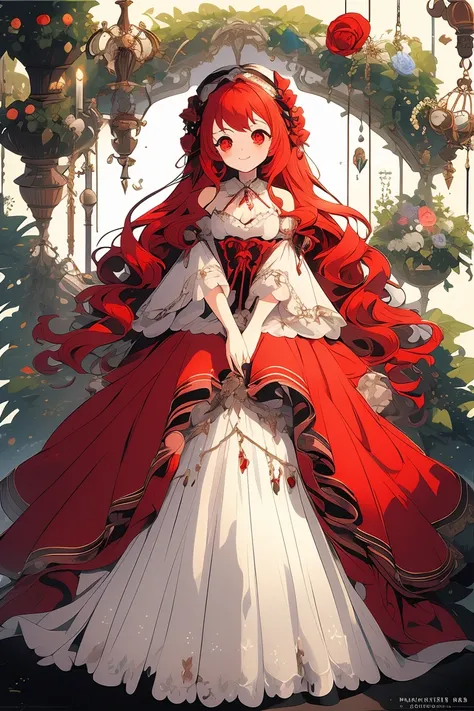 (masterpiece:1.2), best quality,PIXIV,fairy tale girl, 1 girl, red hair, red eyes, red dress, lolita fashion