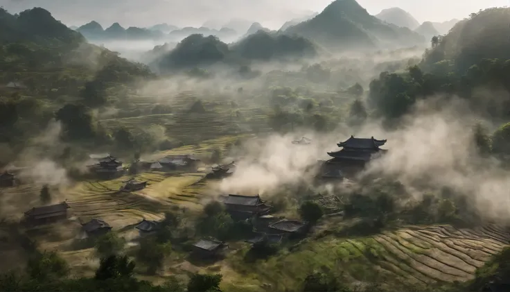 Chinese countryside，early morning，Smoke，mist