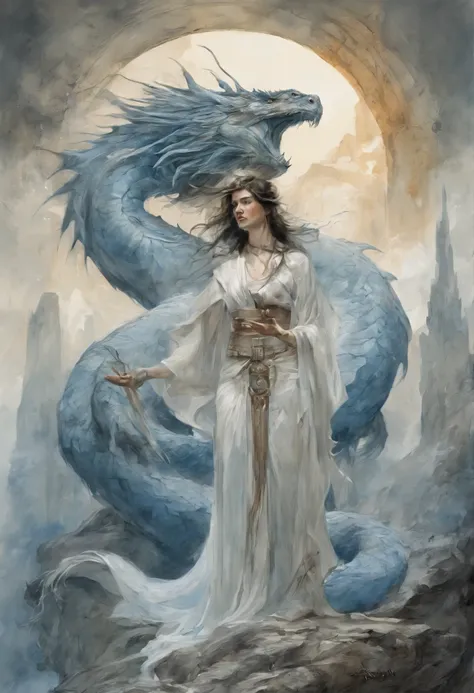 A full-body image of a sorceress petting a Dragon. the princes have a black hair and white skin and is wearing a white robe, background of blue mountains. cinematic, volumetric light. Art by Yoji Shinkawa, symmetric circular iris, approaching perfection, p...