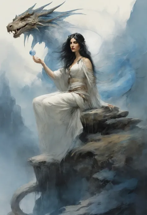 A full-body image of a sorceress Controlling and petting a Dragon. the princes have a black hair and white skin and is wearing a white robe, background of blue mountains. cinematic, volumetric light. Art by Yoji Shinkawa, symmetric circular iris, approachi...