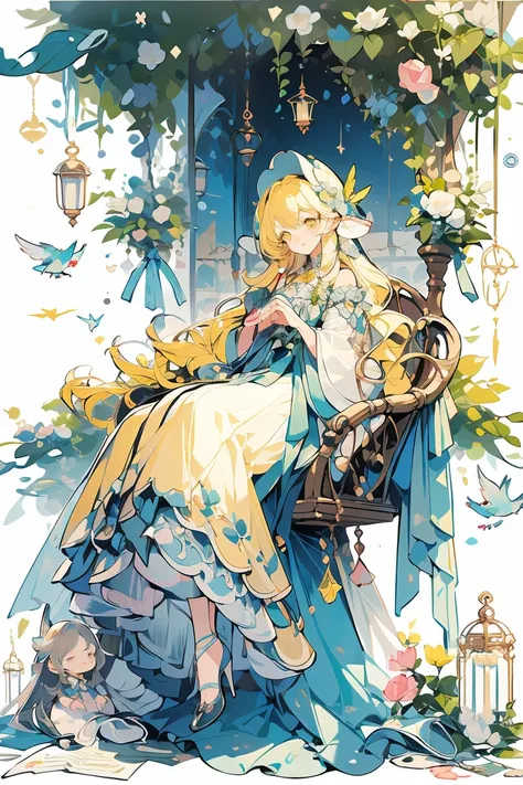 (masterpiece:1.2), best quality,PIXIV,fairy tale girl, 1 girl, yellow hair, yellow eyes, yellow dress, lolita fashion, yellow theme