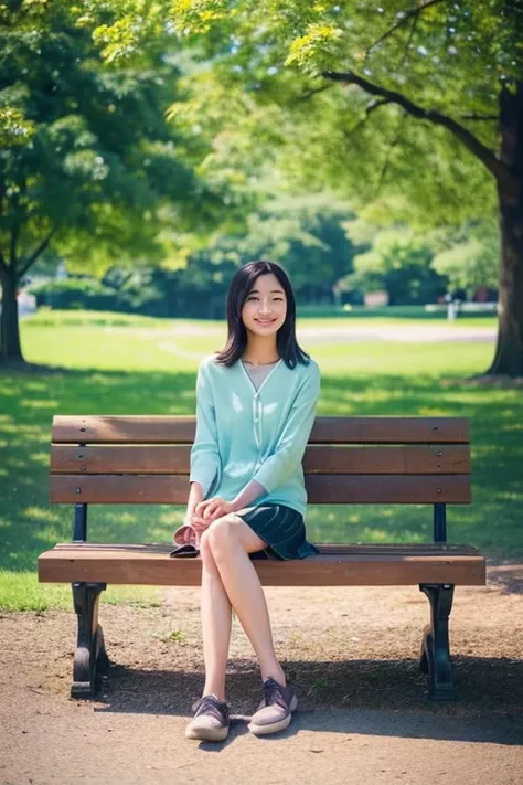 Please draw a beautiful Asian woman sitting on a park bench.。She sits gracefully、surrounded by surrounding nature。The calm scenery of the park spreads around her.、wood々and flowers々is swaying in the wind。From her expression and pose、Feel the quiet happiness...