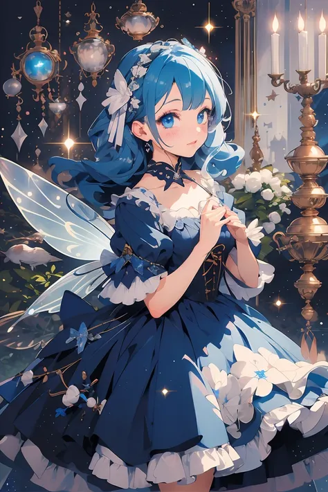 (masterpiece:1.2), best quality,PIXIV,fairy tale girl, 1 girl, blue hair, blue eyes, blue dress, lolita fashion