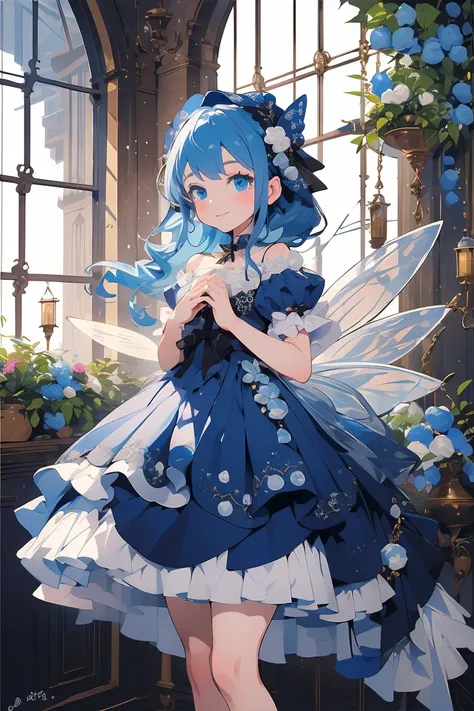 (masterpiece:1.2), best quality,PIXIV,fairy tale girl, 1 girl, blue hair, blue eyes, blue dress, lolita fashion