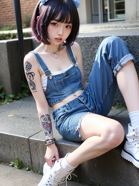 punk fashion girl、sitting manly on the road with legs apart、colorful tattoos all over the body、(piercing in navel:1.5)、nipple pi...