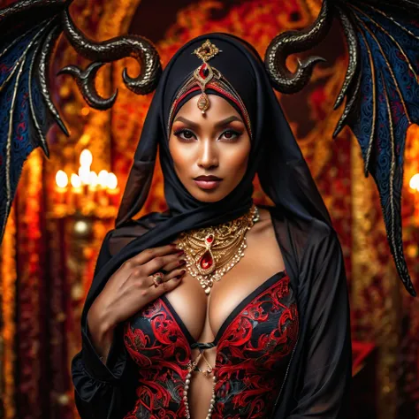 (best quality,highres:1.2),ultra-detailed,realistic,portrait,high fantasy,sexy busty Malaysian woman(age 40),jewel inlaid hijab, jewel encrusted translucent lingerie,tames a devil by casting a very flashy spell,arcane chamber,well-lit room,vibrant colors,e...