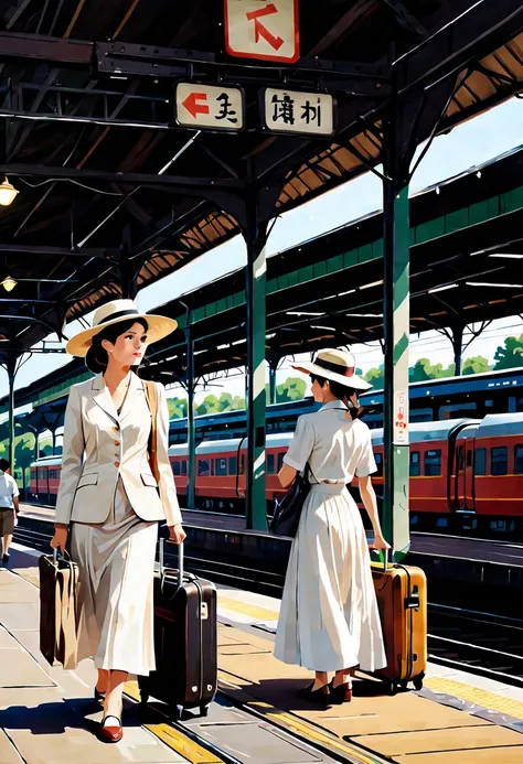 On the go.waiting for the train to arrive..waiting for the train to arrive..There is a man wearing a white casual long skirt suit, a sun hat and a suitcase waiting for the train.,Railway station scene tourism aesthetic, Color photos, Color film street phot...