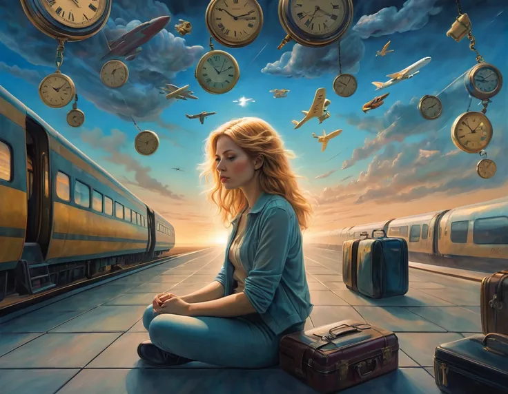 Surrealism and Post-Impressionism pastel drawing of a waiting honey-haired Svetlana Maltseva in multi-exposure, sitting on pocket watches, airport and train station signage, airplane trains, travelers standing on clouds waiting for their flight, and famili...