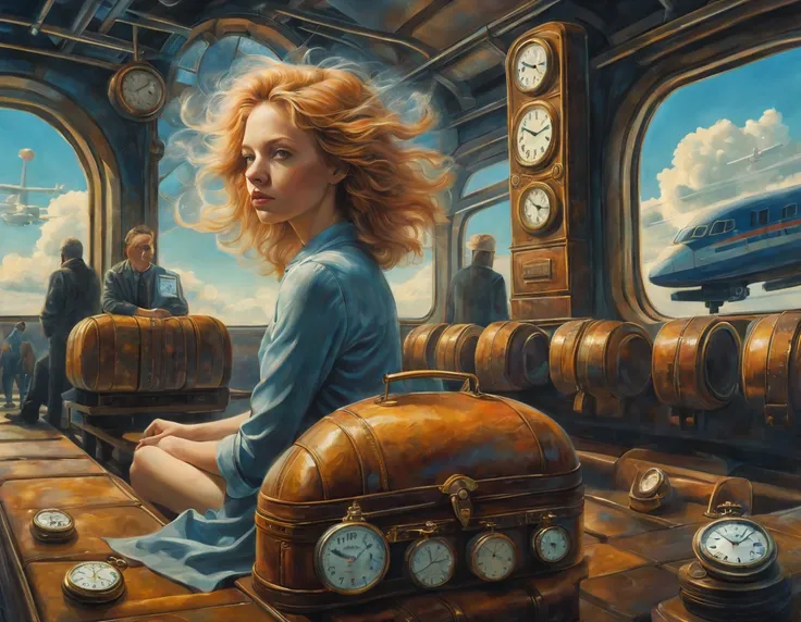 Surrealism and Post-Impressionism pastel drawing of a waiting honey-haired Svetlana Maltseva in multi-exposure, sitting on pocket watches, airport and train station signage, airplane trains, travelers standing on clouds waiting for their flight, and famili...