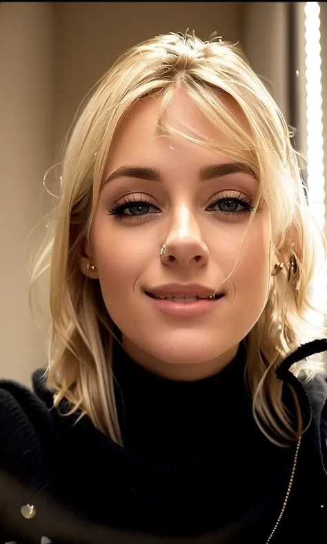 Blonde woman in a black sweater, 27 year old French woman, Looking directly at the camera, Looking directly at the camera, she is in front of the camera, Primer plano de una mujer rubia, rostro perfectamente iluminado, Realistc, retrato