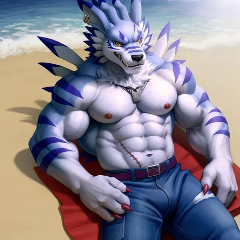 Garurumon,garurumon,digimon,,werewolf,male,aldult,alone,4K,best quality, lying down,whole body,looking at the audience,Show muscles,hairy body,Upper body exposed,bared  chest, Hairy chest, (muscular, Athletic body:1.0), Pink nipples, Six-pack abs, biceps, ...