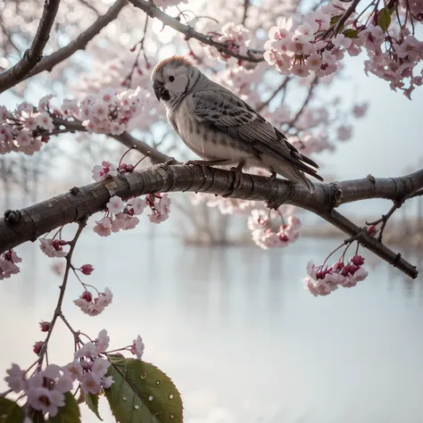 cockatiel near white cherry trees on branches, dark, dawn, (cold morning: 1.1), (morning dew: 1.15), realistic photography, (low photo: 1.2), detail, 8K, intricate folded feathers, water drops on feathers, (to8contrast style), (MIST: 0.7), bright colors, m...