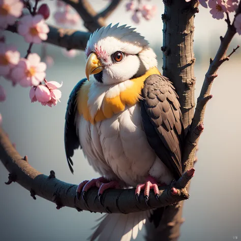 cockatiel near white cherry trees on branches, dark, dawn, (cold morning: 1.1), (morning dew: 1.15), realistic photography, (low photo: 1.2), detail, 8K, intricate folded feathers, water drops on feathers, (to8contrast style), (MIST: 0.7), bright colors, m...