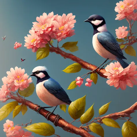 painting of a bird sitting on a branch with flowers in the background, elegant digital painting, detailed painting 4 k, beautiful digital painting, high quality digital painting, digital art oil painting, beautiful art uhd 4 k, birds f cgsociety, stunning ...