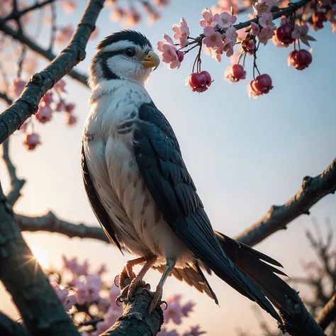 cockatiel near white cherry trees on branches, dark, dawn, (cold morning: 1.1), (morning dew: 1.15), realistic photography, (low photo: 1.2), detail, 8K, intricate folded feathers, water drops on feathers, (to8contrast style), (MIST: 0.7), bright colors, m...