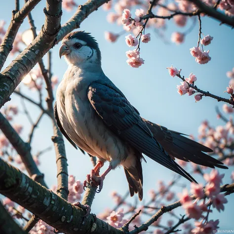 cockatiel near white cherry trees on branches, dark, dawn, (cold morning: 1.1), (morning dew: 1.15), realistic photography, (low photo: 1.2), detail, 8K, intricate folded feathers, water drops on feathers, (to8contrast style), (MIST: 0.7), bright colors, m...