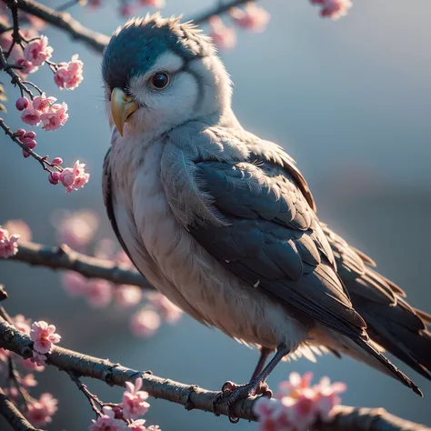 cockatiel near white cherry trees on branches, dark, dawn, (cold morning: 1.1), (morning dew: 1.15), realistic photography, (low photo: 1.2), detail, 8K, intricate folded feathers, water drops on feathers, (to8contrast style), (MIST: 0.7), bright colors, m...